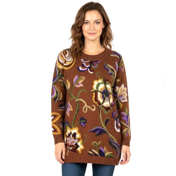 Adrienne Vittadini Rust Floral Long Sleeve Wool Blend Cozy Knit Tunic Sweater - Picture 2 of 11